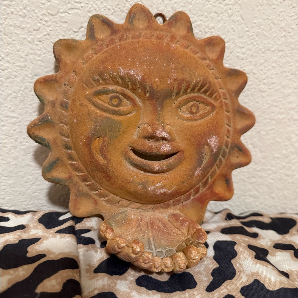 Vintage Terracotta Mexican Folk Art Clay Pottery Wall Hang Hanging Sun Face